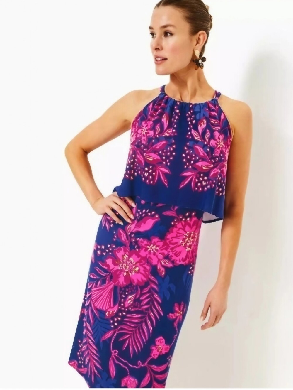 Lilly Pulitzer Stella Mae Halter Midi Dress — Navy & Hot Pink Floral
